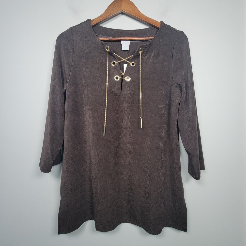 NWT Chicos Travelers sz 1 3/4 Sleevees Slinky Acetate Lace Up Tunic Top Brown